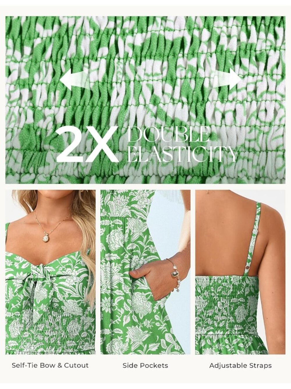 Women's Green And White Boho Floral Maxi Sundress Beach Dress With Pockets - Picture 4 of 6